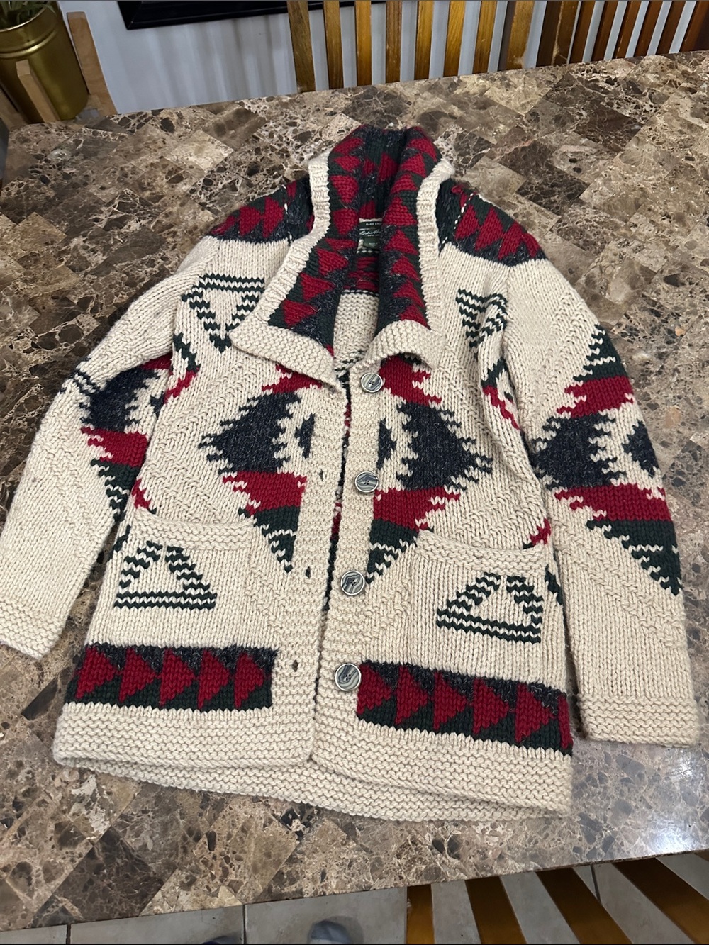 Women’s  Shawl Collar Aztec Knit Sweater Cardigan - Cream & Red
